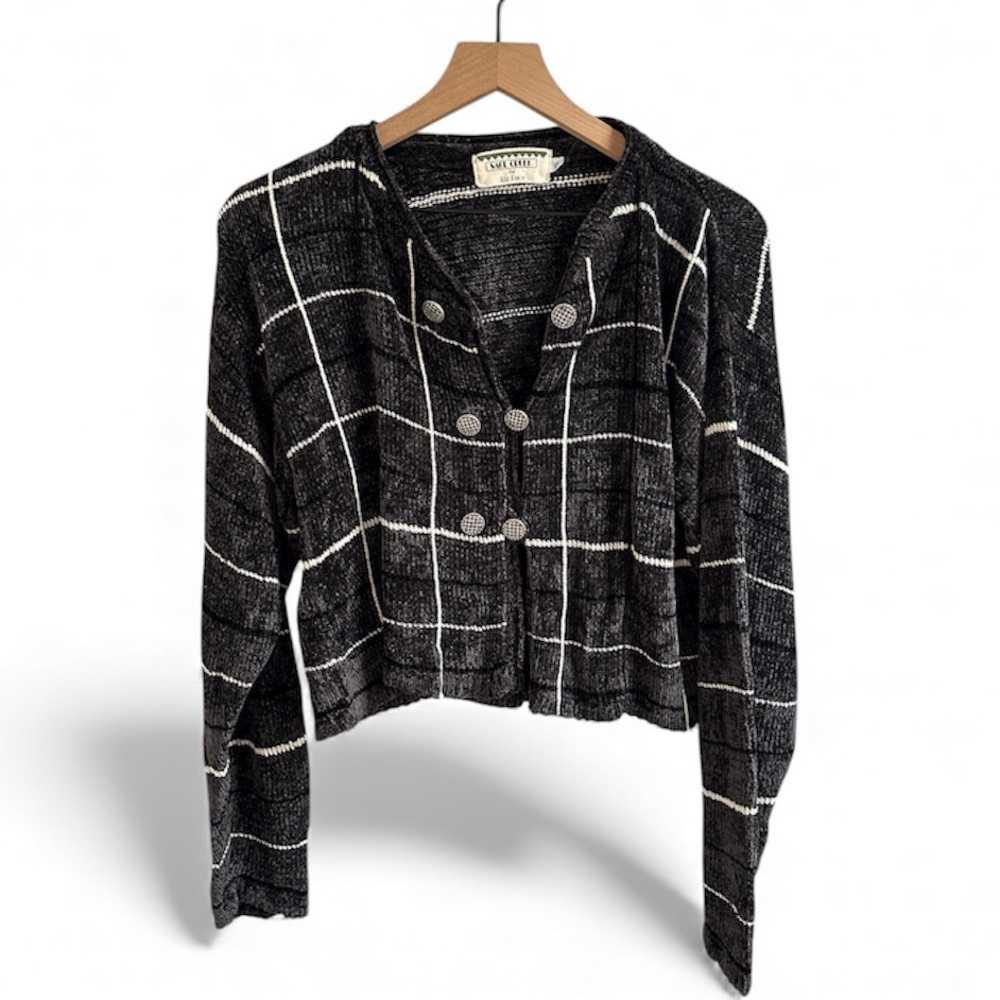 Sage Creek by Liz Ence Black White Plaid Cropped Knit Cardigan Sweater XL